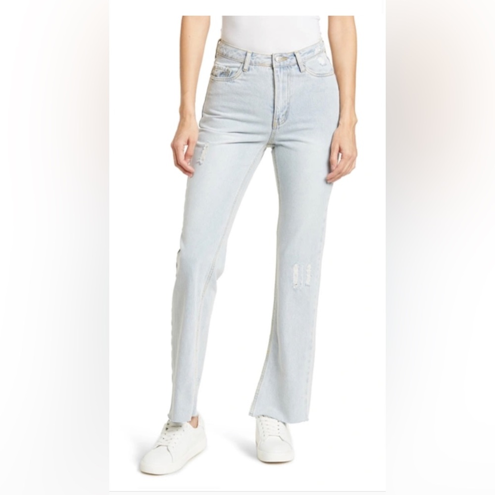 Shop Avec Les Filles Straight Leg Jeans W/ Slit Hem In Mid Blue Wash, size 30